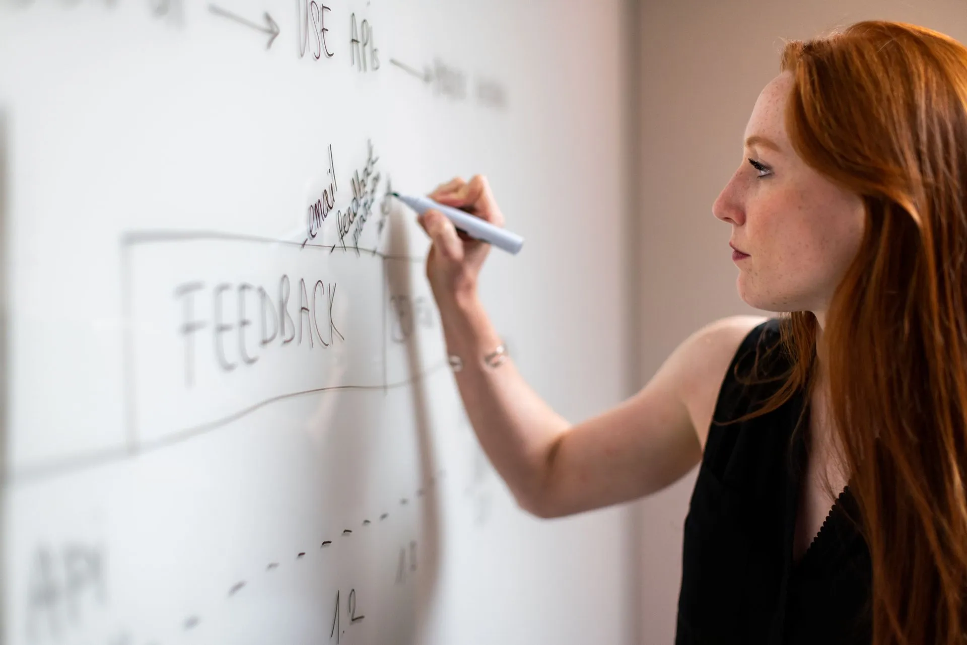 A woman sketching a diagram on a whiteboard
